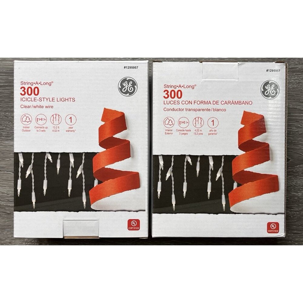 2 boxes GE Icicle Style Lights String-A-Long 300 ct Clear White Wire Wed NEW